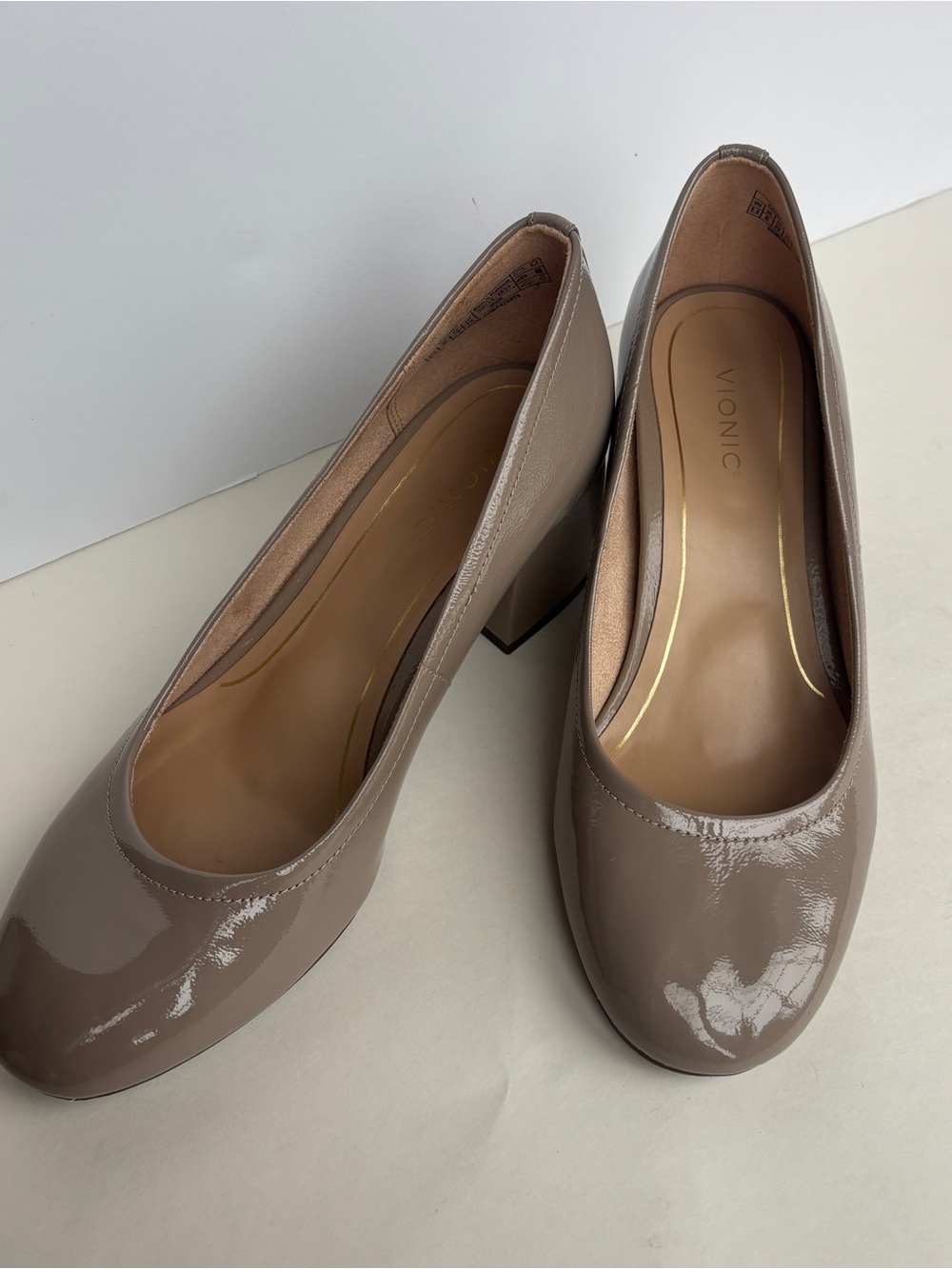 Vionic Patent Taupe Block Heel Pumps
